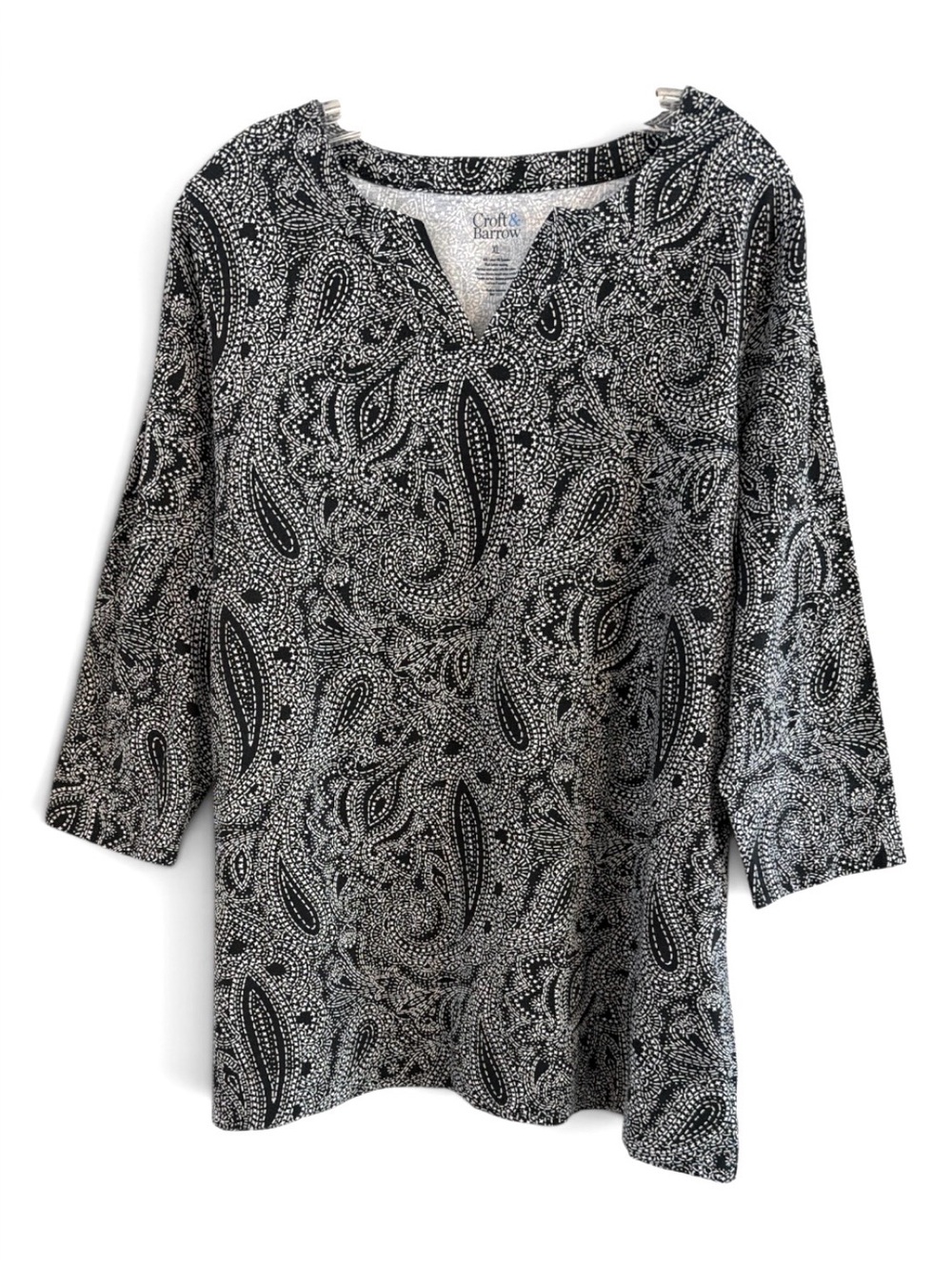 Croft & Barrow Paisley Black and White V-Neck 3/4 Sleeve Tunic Top Size XL